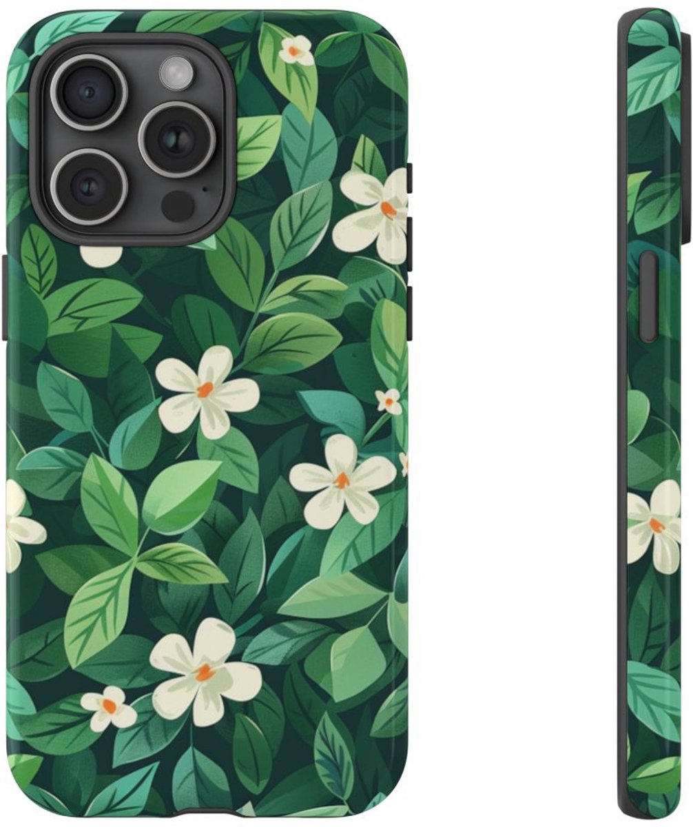 Groene Bladeren en Witte Bloemenpatroon – Telefoonhoesje Geschikt voor iPhone 15 Pro Max