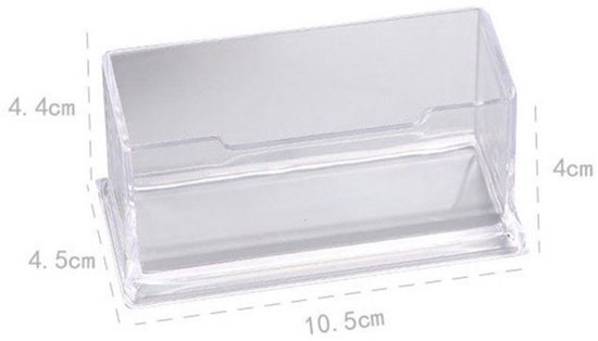 Een lege transparante visitekaarthouder met afmetingen 10.5cm x 4.5cm x 4cm x 4.4cm.