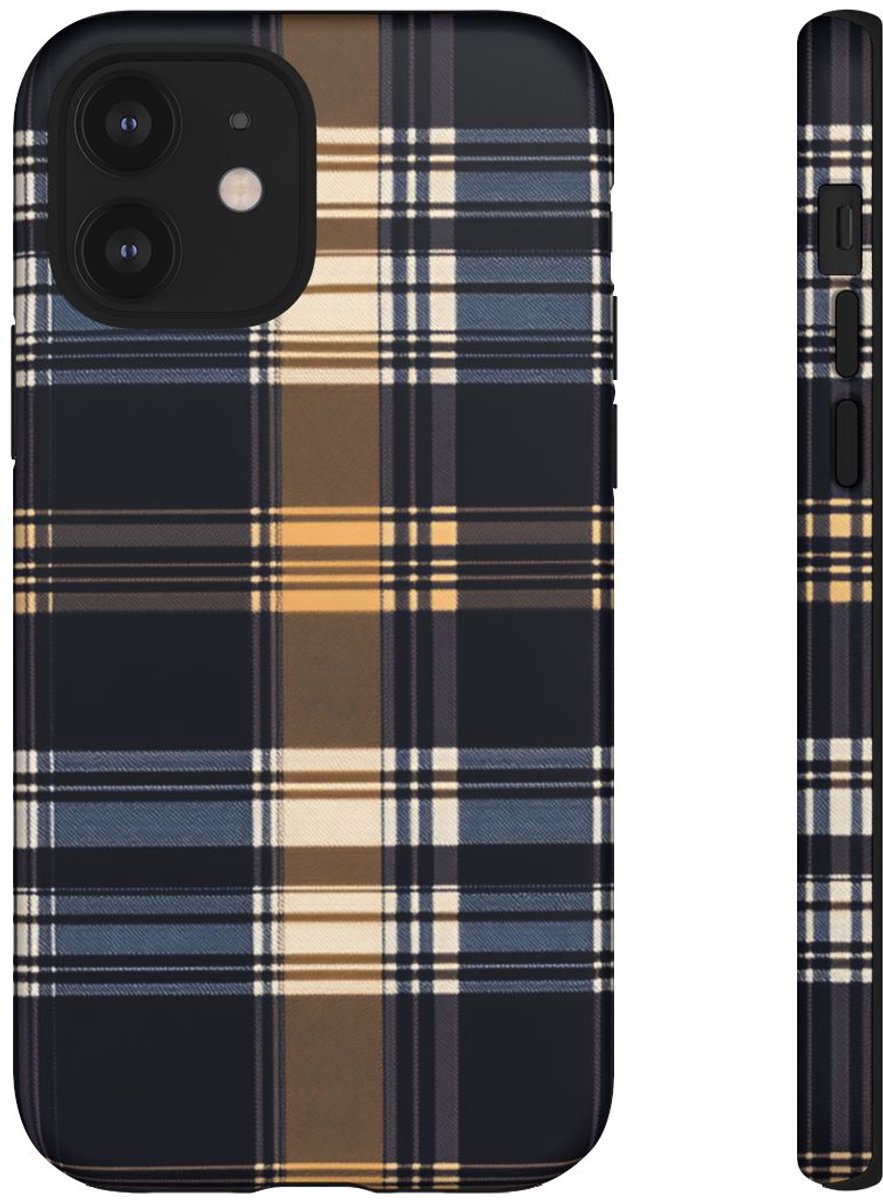 Caramel en Donkerblauw Geruit Patroon – Telefoonhoesje Geschikt voor iPhone 12