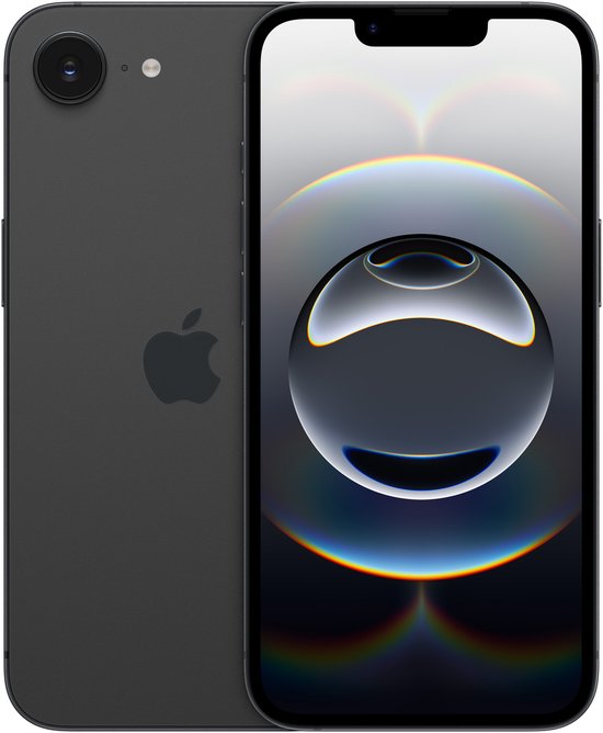 Zwarte iPhone, weergave van de achterkant met Apple logo en voorkant met scherm.