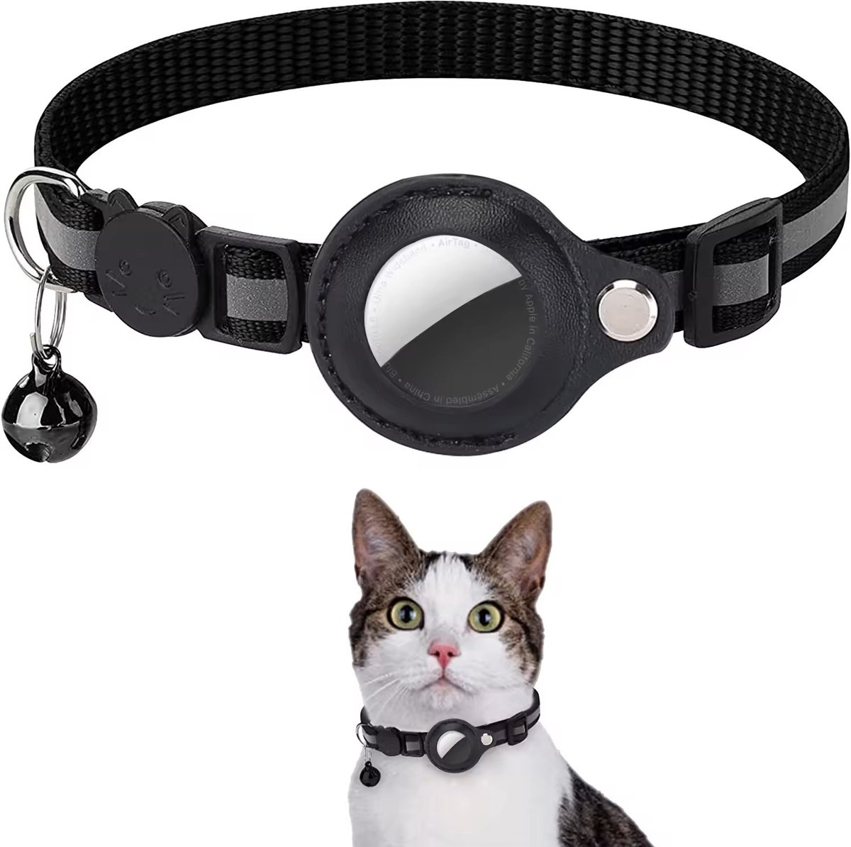 BlueTime ® - Kattenhalsband zonder Tag - Halsband Kat & Kitten met Kattenbelletje - Kattenbandje, Poes, Kattenriem air & Tuigje met Houder - Zwart