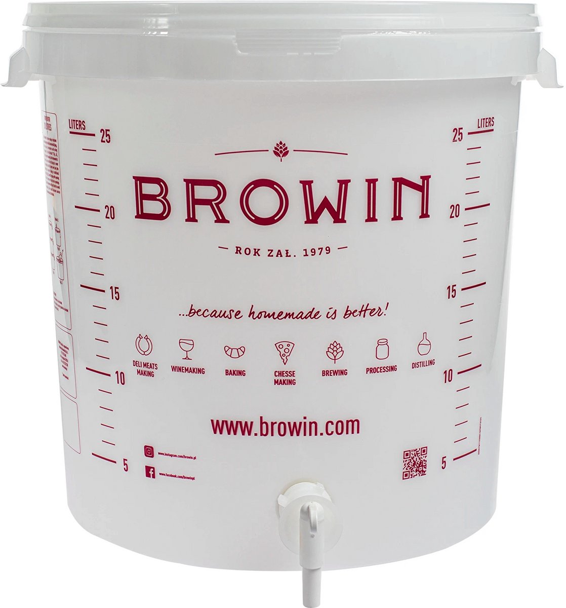 Browin - Fermentatievat van 30 liter met deksel - uitgebreide set - 2 watersloten, 2 stoppen en kraan - gistingsvat