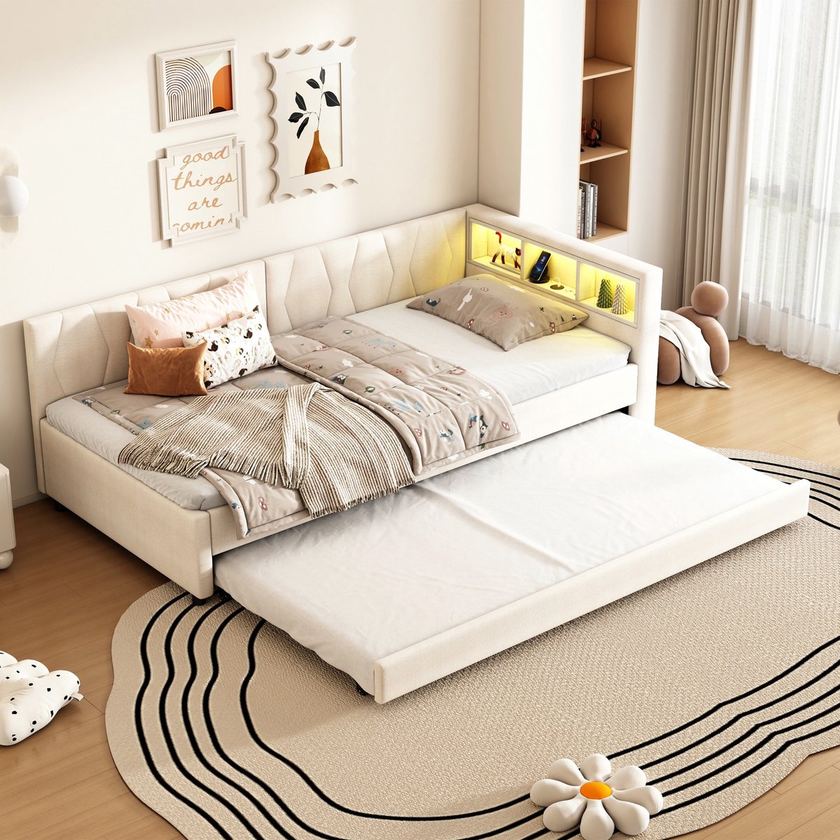 Sweiko Slaapbank - 90 x 200 cm - USB + Type-C - LED-verlichting - Met uitschuifbaar bed - Linnen - Beige