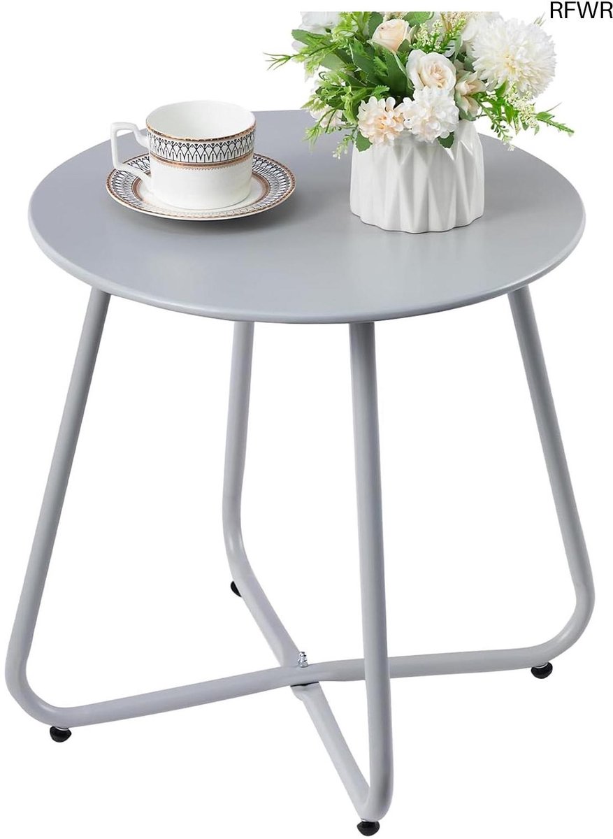 RFWR Kleine Ronde Tuintafel voor Buiten - Weerbestendige Metalen Bijzettafel voor Balkon en Terras Grijs