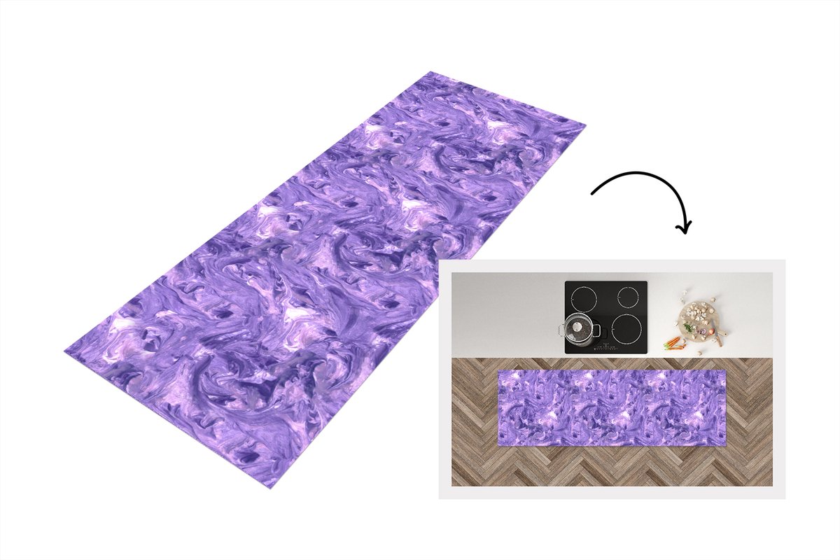 KitchenYeah Keukenloper 150x50 cm - Keukenmat vinyl Paars - Marmer print - Verf - Patronen - Keukenmatten loper - Keuken vloerkleed tapijt