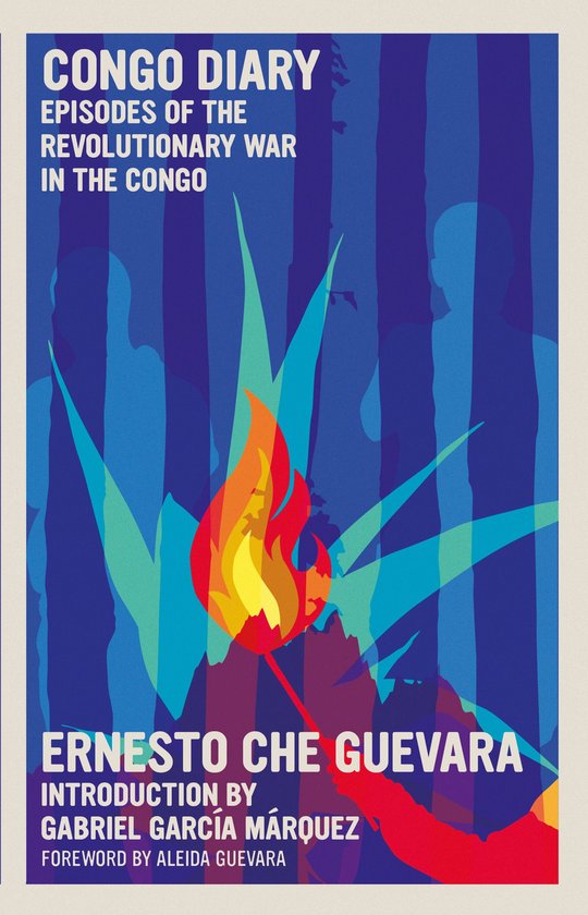 Boekomslag van Congo Diary van Ernesto Che Guevara, met een vlam en silhouetten.