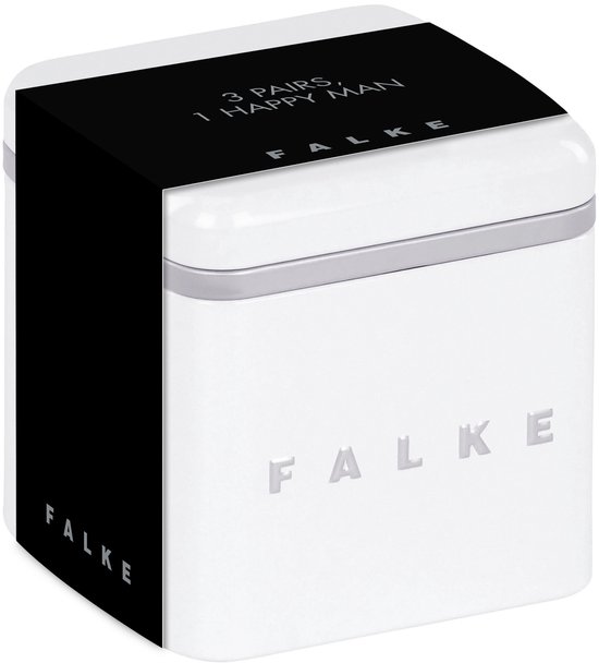 Witte metalen Falke bewaardoos met een zwarte sleeve met de tekst '3 PAIRS, 1 HAPPY MAN'.