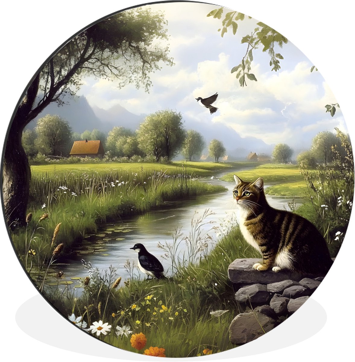WallCircle Wandcirkel - Muurcirkel - Kat - Beekje - Weide - Aluminium - Dibond - 140x140 cm - Binnen en Buiten Kat - Natuur