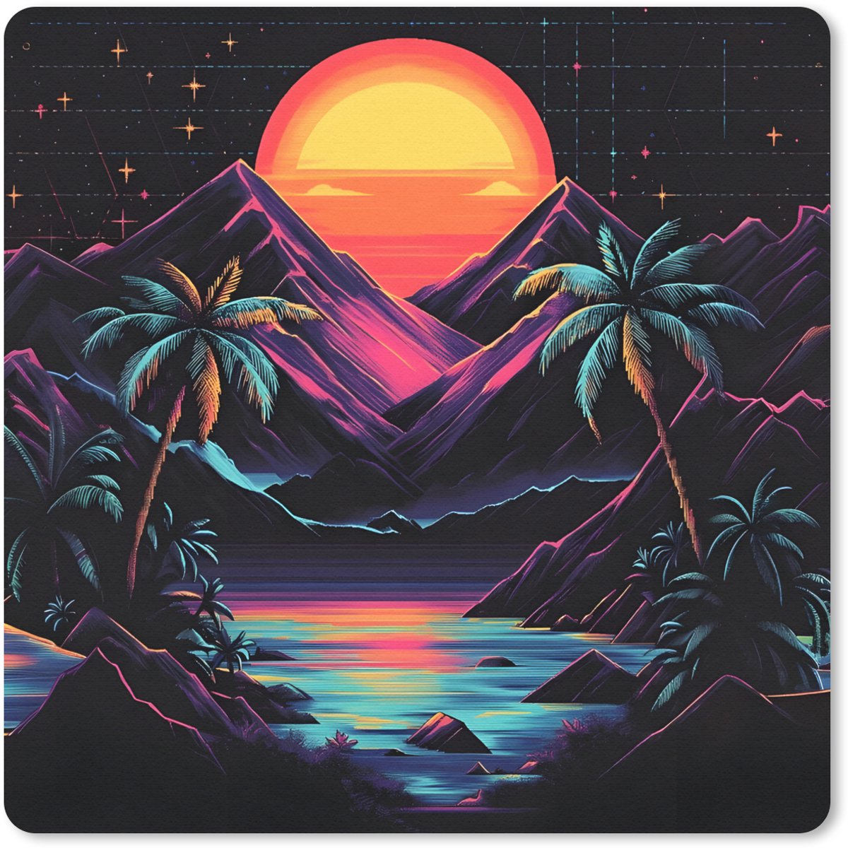 Muismat 20x20 cm - Mousepad Palmbomen - Neonbergen - Sterrenhemel - Zon - Muismatten