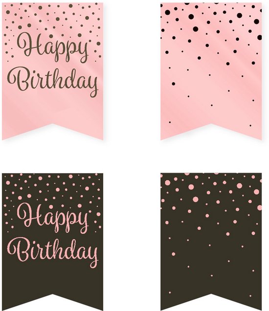 BTH - Slingers - Happy Birthday - Rose-Zwart - Slingers Verjaardag - Vlaggenlijn - Verjaardag Versiering - Versiering