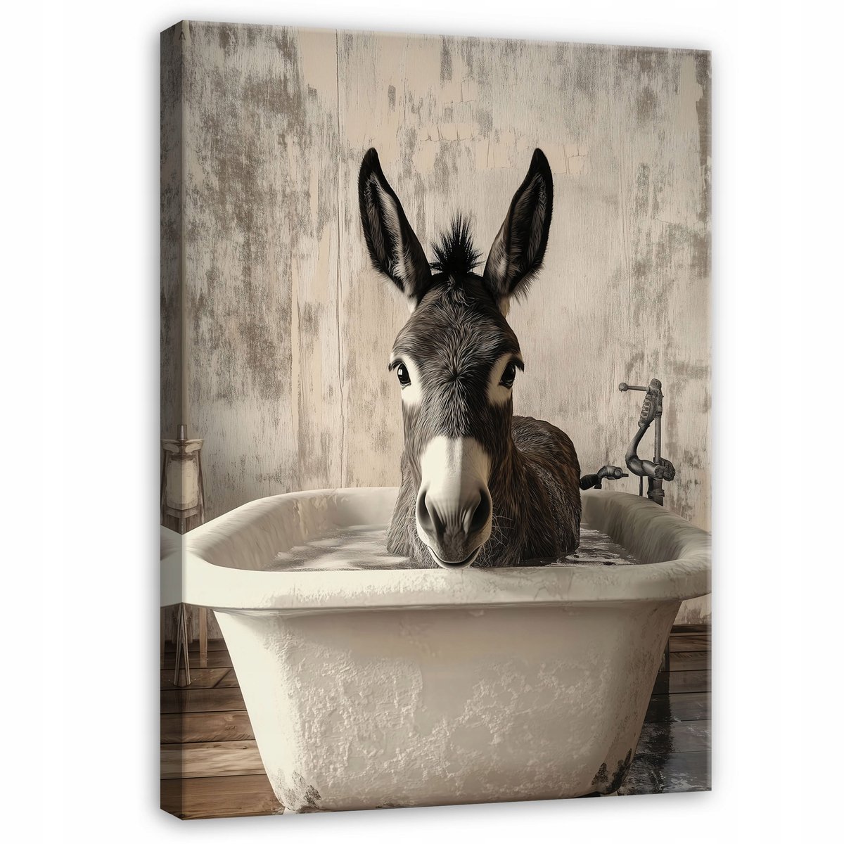 WALLARENA Canvas schilderij - 120x80 cm - afbeelding van een ezel in een bad met dieren, verticaal voor de badkamer multikleurig