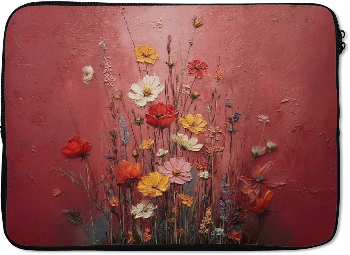 Laptophoes 14 inch - Bloemenboeket - Diepte - Tastbare textuur - Laptop sleeve - Binnenmaat 33x23 cm - Zwarte achterkant