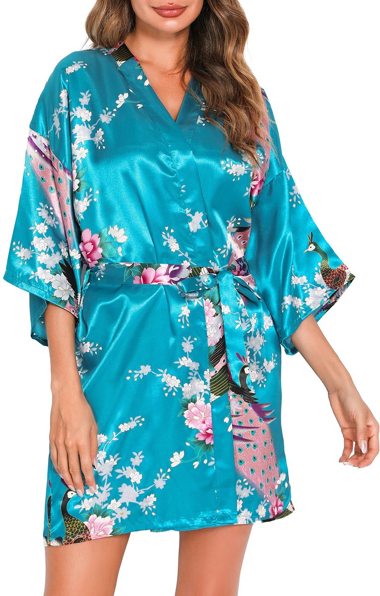 Satijnen Kimono Badjas - Kort model met V-hals en ceintuur - Voor Dames - Zeeblauw - Maat XXL