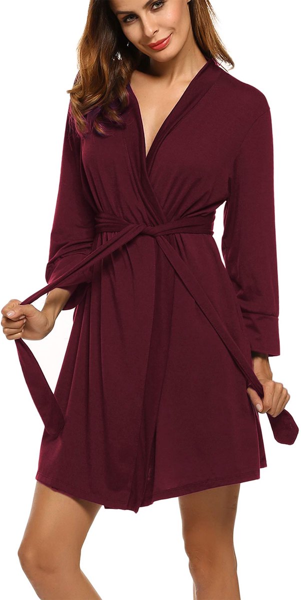 Dames Kimono Ochtendjas - Kort - Dun Katoen - Met 3/4 Mouwen en V-hals - Wijnrood XXL