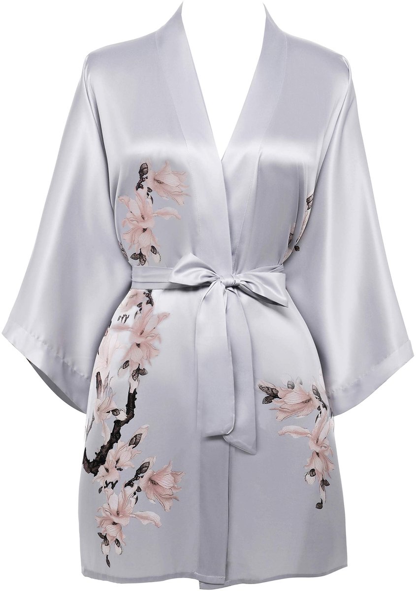 Dames Kimono - Kort Satijn Met Bloemenprint Lichtgewicht - Ochtendjas, Badjas, Slaapjas of Strandjurk - Grijs