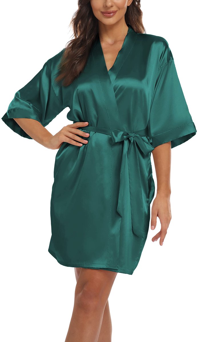 Dames Satijnen Kimono Morgenjas - Kort model met V-hals, 3/4 mouwen, ceintuur en zakken - Voor Bruiden en Bruidsmeisjes - Groen S