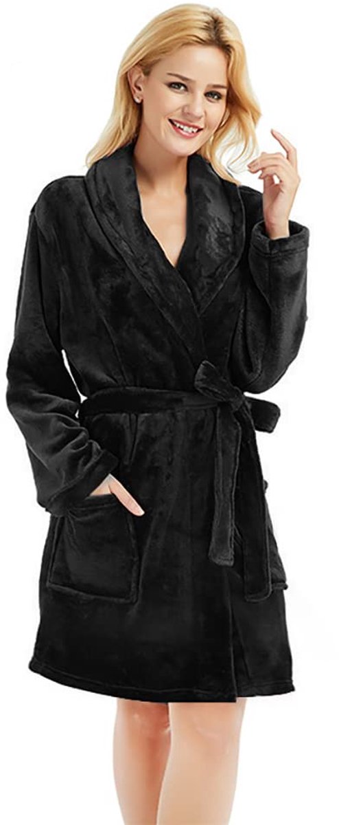 Dames Badjas - Kort Pluche - Zacht, Warm en Lichtgewicht - Zwart, Maat S/M