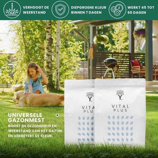 Graszaadzakken Vital Plus naast een kind die een hond aait, met tekst over weerstand en kleur.