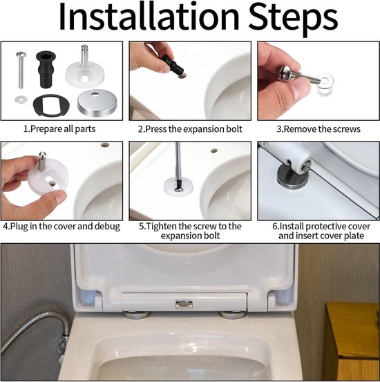 Installatie stappen: delen voorbereiden, expansiebout indrukken, schroeven verwijderen, dop erin pluggen, schroef vastdraaien, afdekplaat installeren.