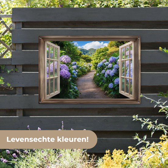 Affiche de jardin 120x80 cm - Décoration de jardin Vue - Hortensia - Chemin - Nature - Affiche pour le jardin - Décoration extérieure - Tableau de jardin clôture - Décoration murale sur toile de jardin - Décoration murale sur toile de balcon