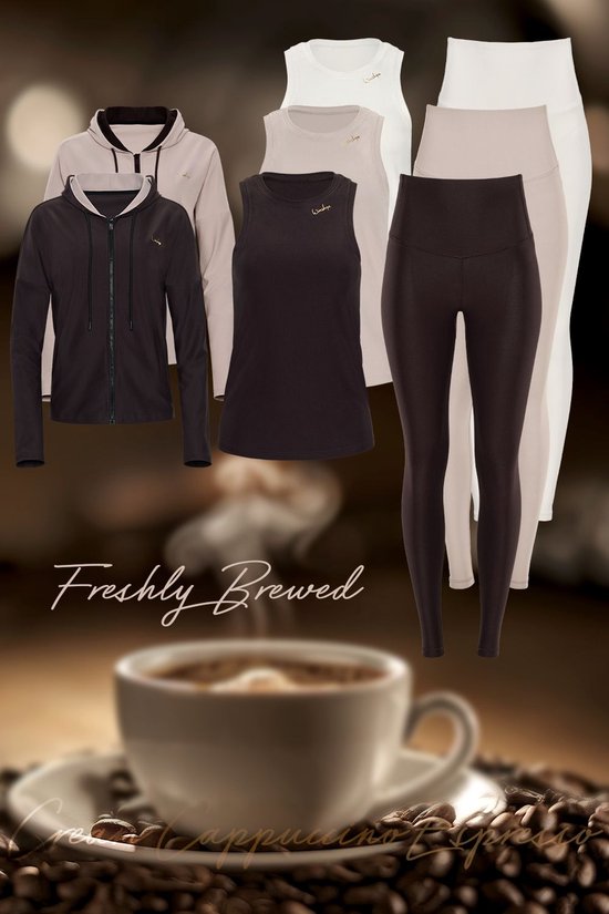 Outfit collage met een beige hoodie, zwarte hoodie, witte tanktop, donkerbruine tanktop, taupe legging, witte legging en donkere legging. Geïnspireerd door koffie.