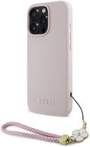Guess Case Convient pour iPhone 16 Pro Coque avec Cordon - Guess Backcover MagSafe Grained Flower Charm Strap - Rose
