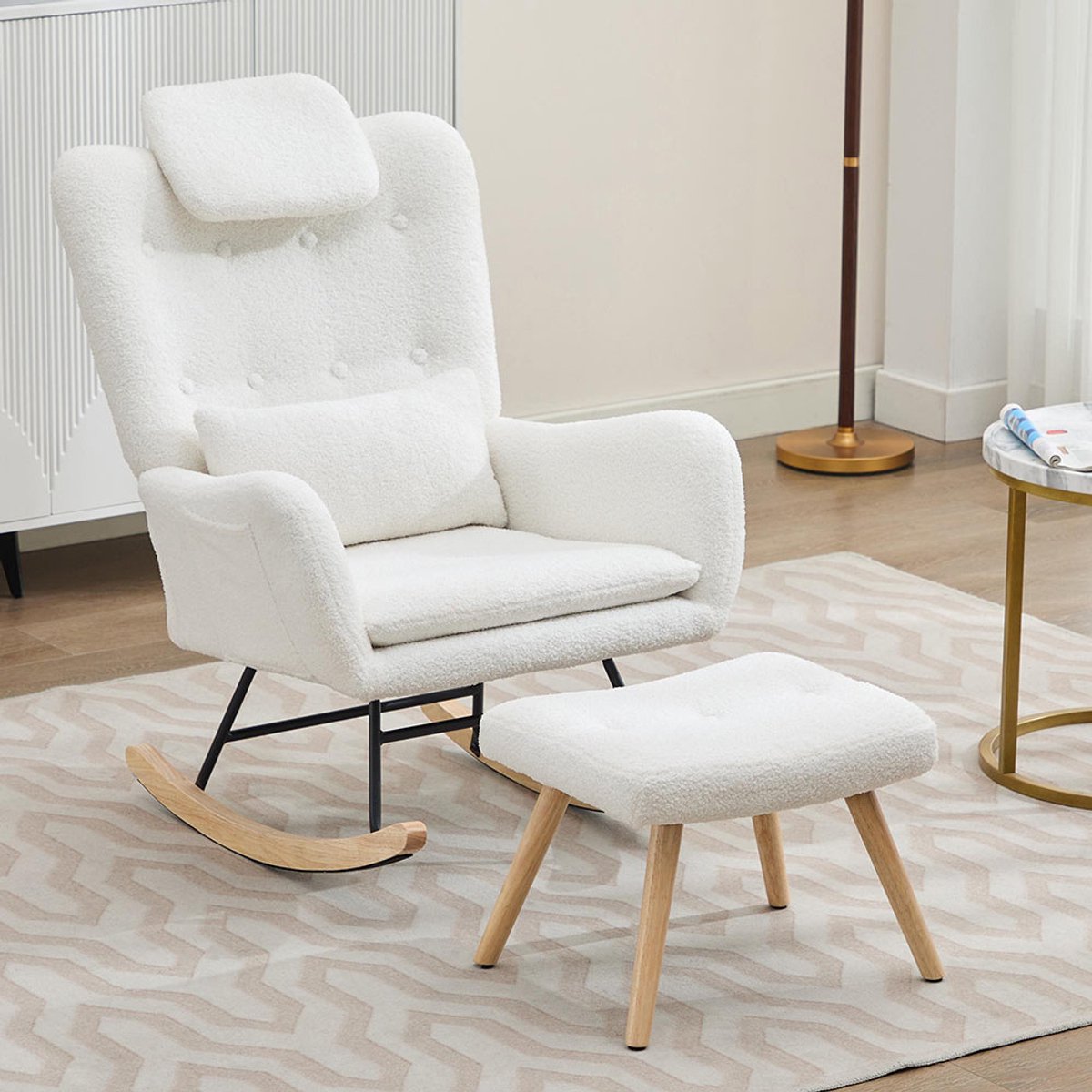 Pugsdrly Modern design: schommelstoel, schommelstoel met voetenbank, relaxfauteuil, ligstoel met armleuningen, fluweelstof, draagbaar tot 100 kg. Geschikt voor de slaapkamer, woonkamer, tuin.