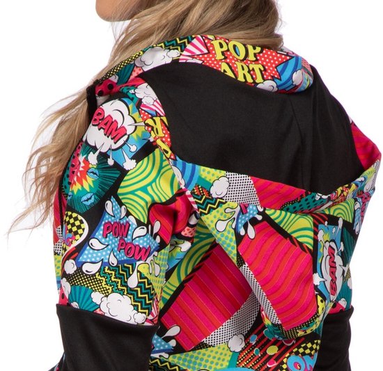 Close-up van de achterkant van een trainingsjack met pop-art print.
