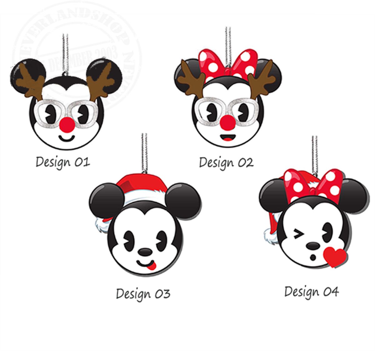 Plastic Minnie en Micky Kerstornamenten. Set van 4 verschillende stijlen. Hoogte: 7,5 CM.