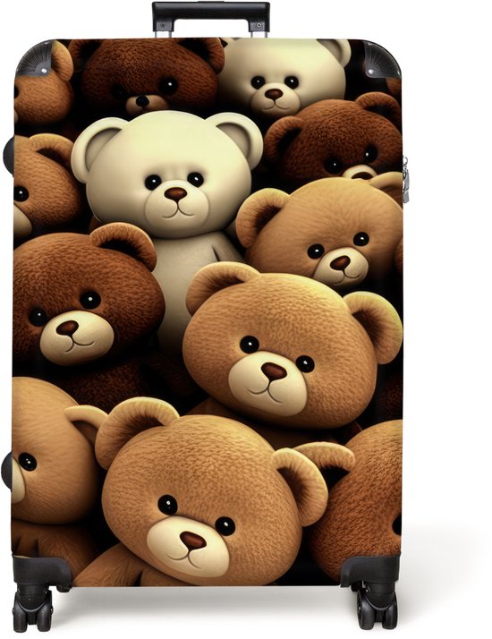 Zwarte koffer met een print van veel bruine en één witte teddybeer.