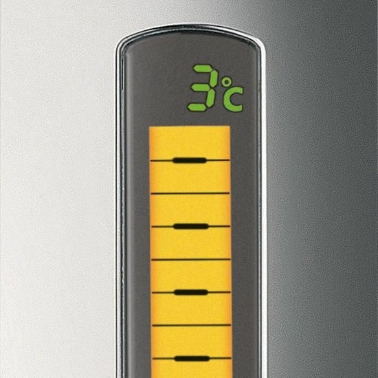 Thermometer met een gele balk en groene cijfers die 3°C aangeven.