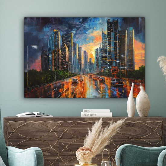 Tableau sur toile 140x90 cm - Décoration murale exclusive Voiture - Bâtiments - Soleil - Blauw - Décoration murale salon - Décoration chambre - Accessoires chambre - Peintures sur toile