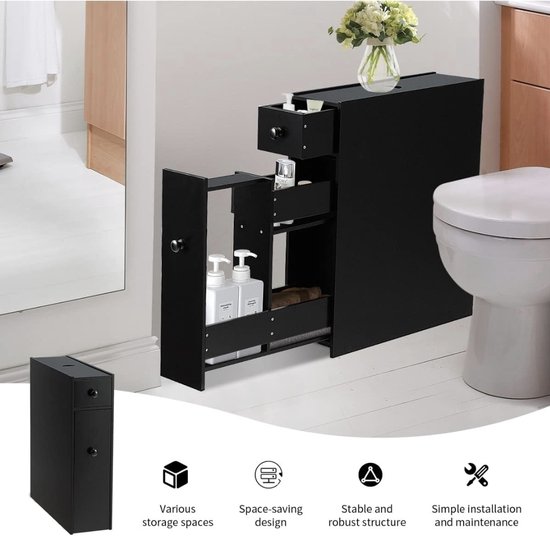 Armoire de rangement autoportante à 2 tiroirs, étroite, polyvalente, pour salle de bain et Cuisine, noire
