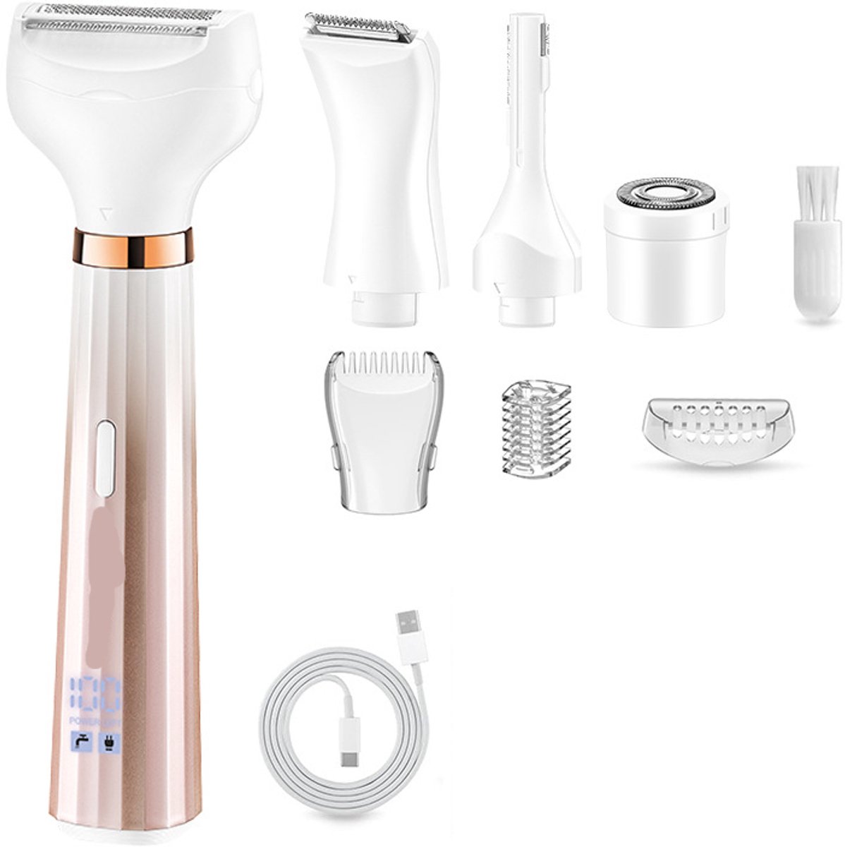 4-in-1 Lady Shavers voor vrouwen met LED-batterijdisplay, gezichtshaarverwijderaar voor vrouwen, elektrisch scheerapparaat voor lichaam, benen, schaamhaar, IPX6 waterdicht en oplaadbaar, draagbaar nat en droog, roze/goud
