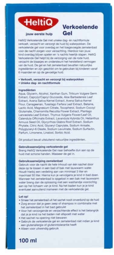Verkoelende Gel 100ml, met ingrediëntenlijst en gebruiksaanwijzing in het Nederlands.