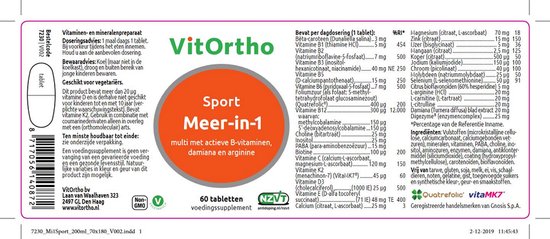 VitOrtho Sport Meer-in-1, multi met actieve B-vitaminen, damiana en arginine, 60 tabletten voedingssupplement, Non-GMO, Vegan, NZVT
