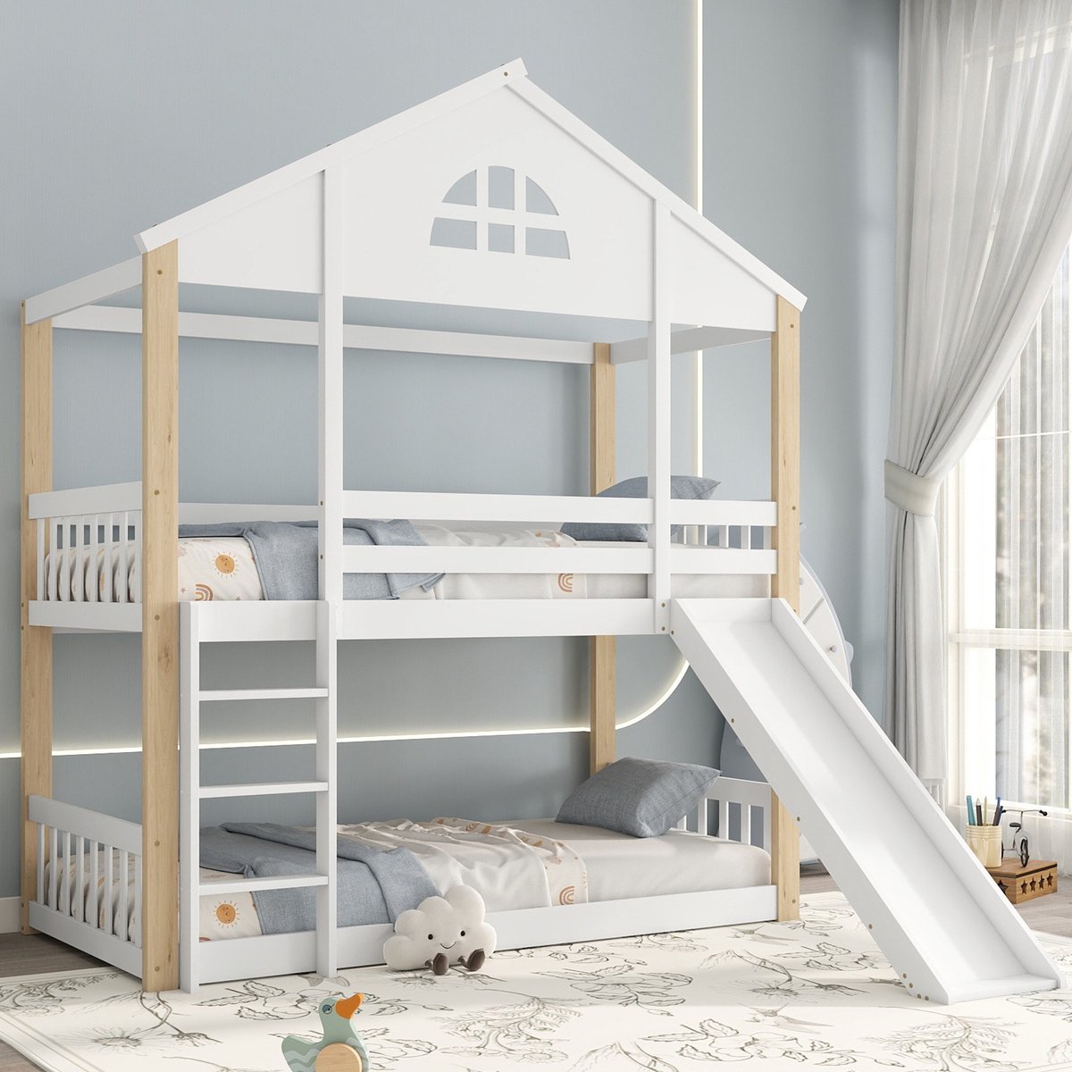 Sweiko Hoogslaper 90*200cm - met Glijbaan - Massief houten + MDF - Wit + naturel Wit en naturel