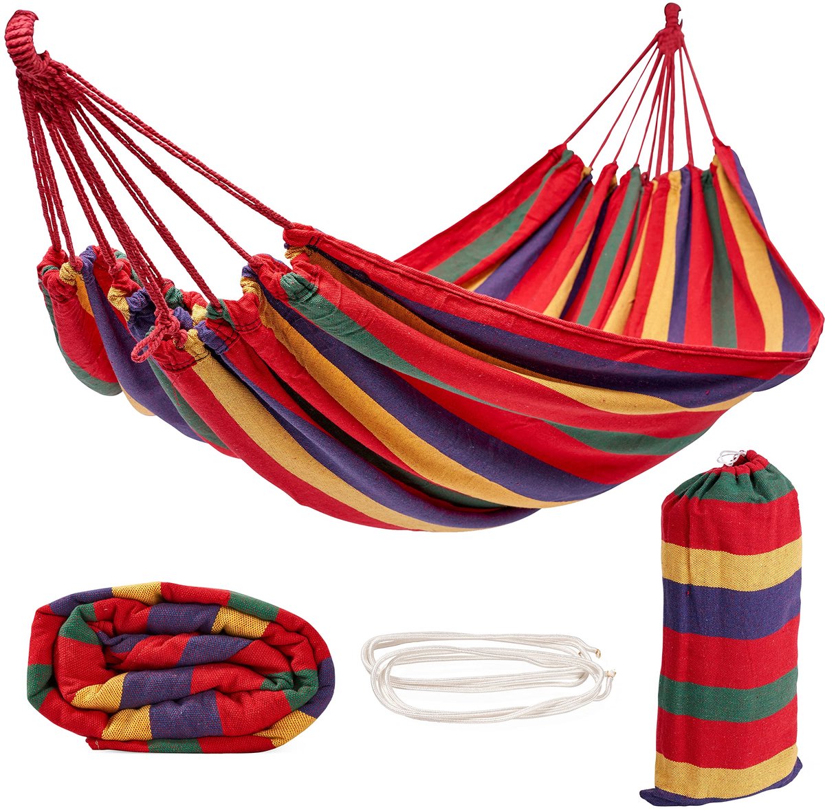 Ibenzoa® Draagbare katoenen hangmat met transporttas, 270 x 150 cm, maximaal 150 kg draagvermogen voor binnen en buiten