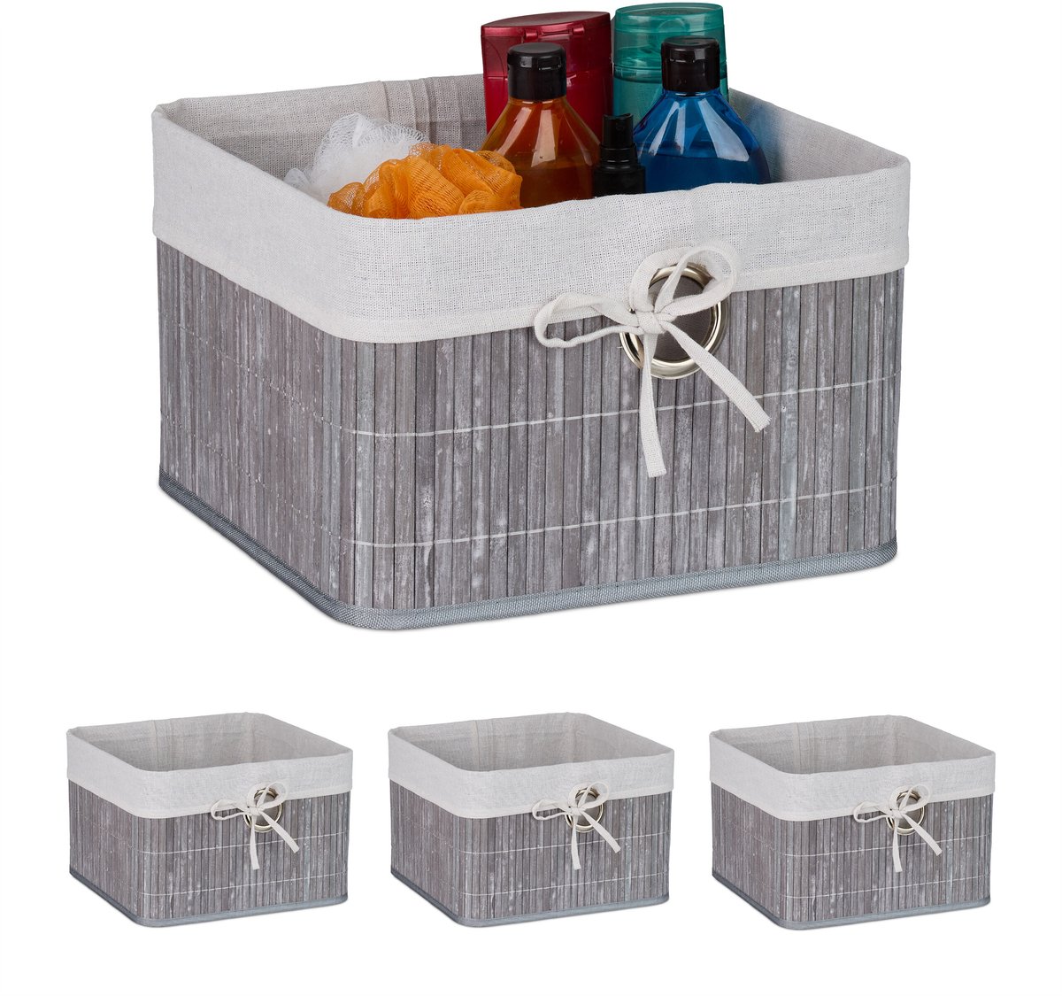opbergmand bamboe - set van 4 - 20 x 31 x 31 cm - badkamer - grijs
