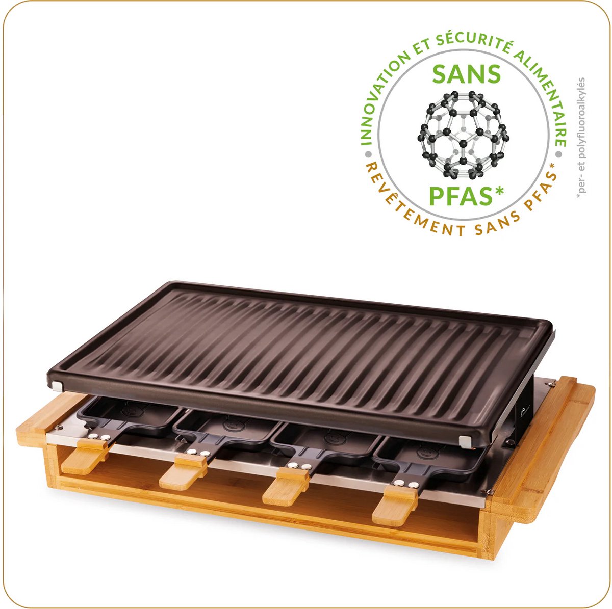 Little Balance 8501 - Raclette & gourmetset - 8 pers - rechthoekig -1200 Watt - PFAS vrij - bamboe
