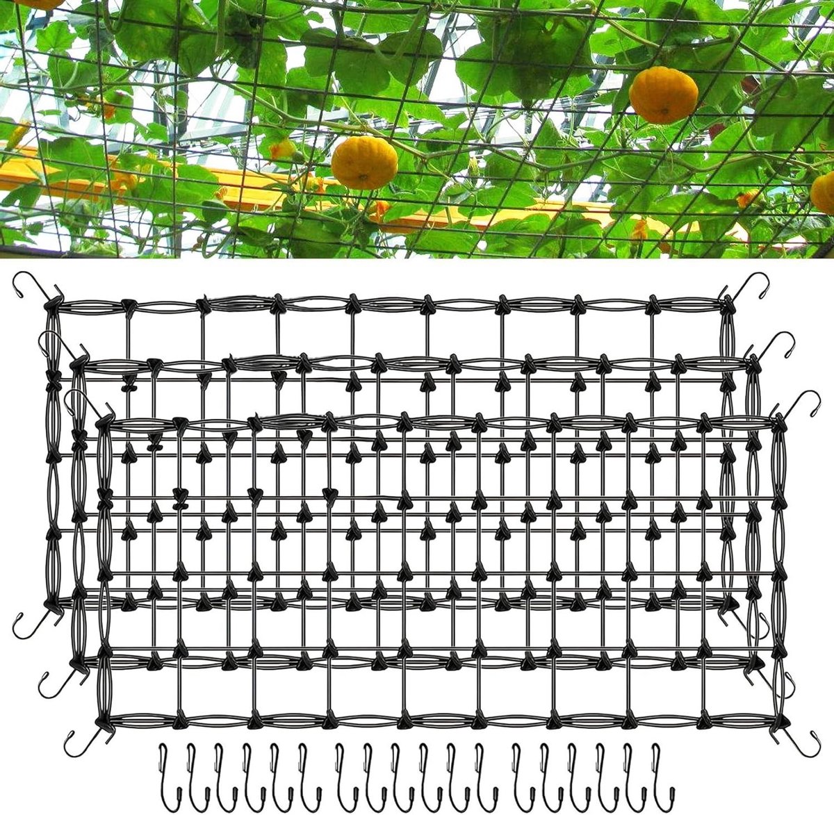 Allecto Plus - Elastisch Net voor Plantenondersteuning - 3 Stuks - 60 x 120 cm - Zwart - Groeinet voor Moestuinen - Met Haak voor Dakdragers - Aanhangers - Tuin