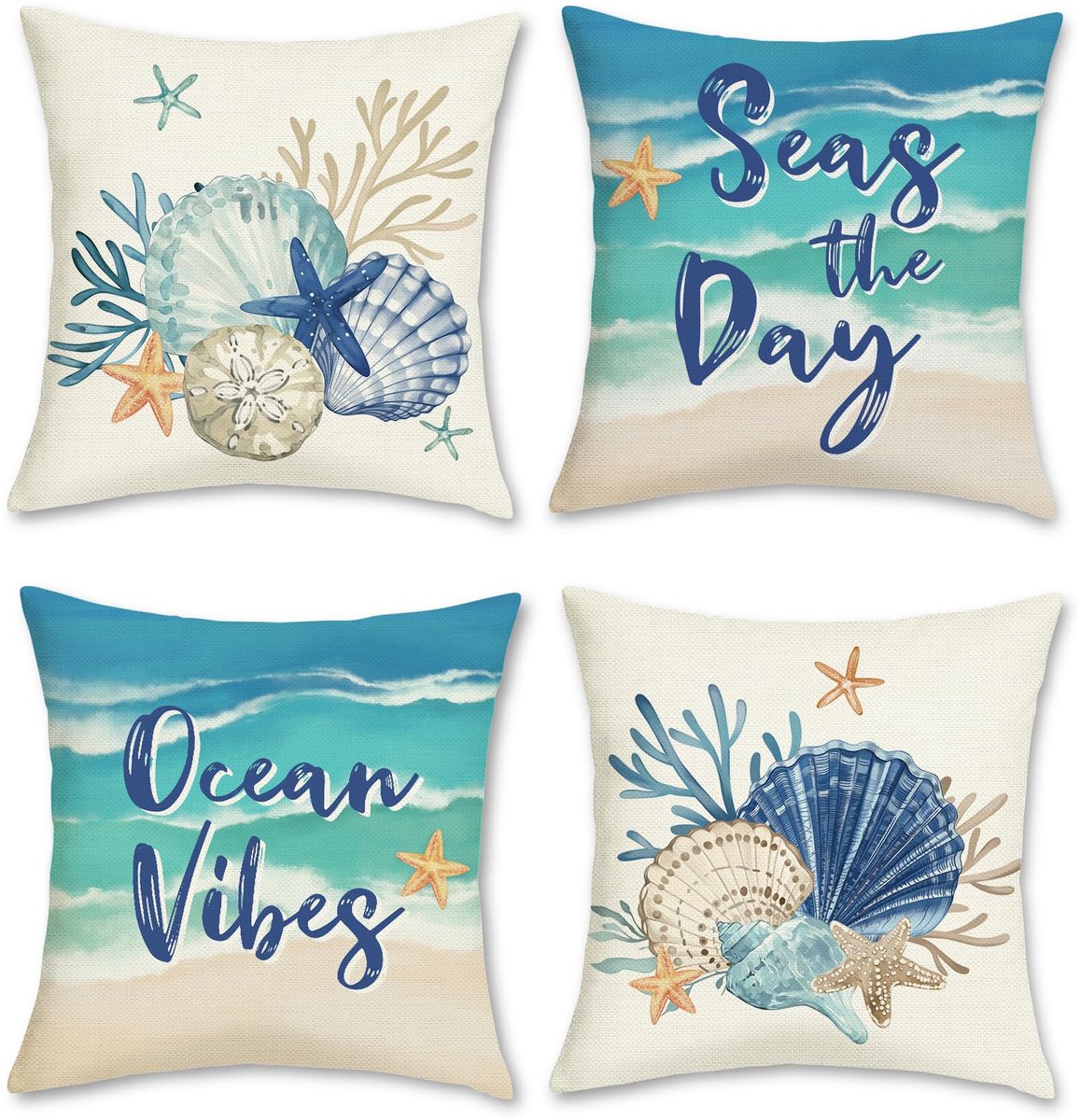 Ibenzoa Set van 4 decoratieve kussenslopen met kustthema voor woonkamerdecoratie kleurijk