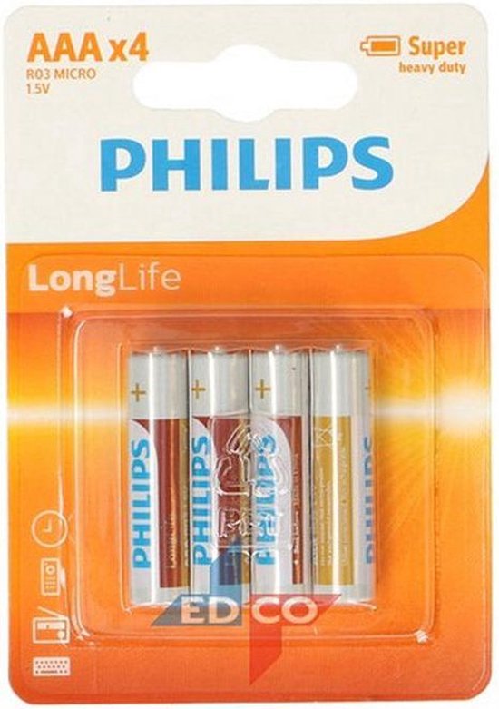 Verpakking met vier Philips LongLife AAA batterijen. Wit met een blauw en oranje label.