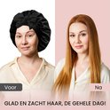 Vergelijking van een vrouw voor en na het dragen van een zwarte satijnen slaapmuts.