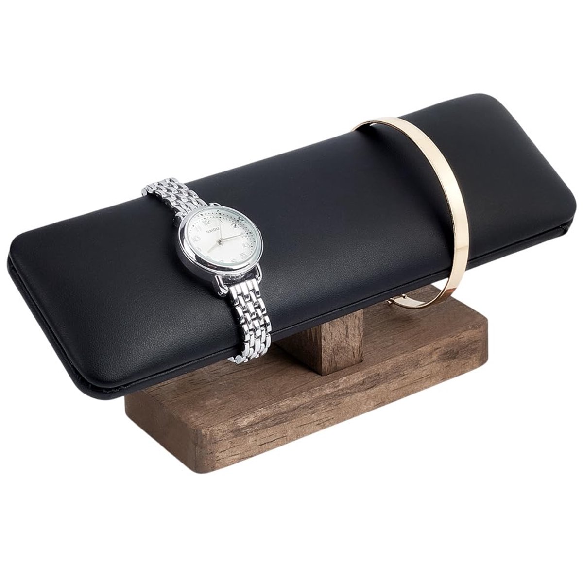 TRANKIELO® - Houten Horloge Display Stand met PU Lederen T-Bar - Armband en Sieraden Houder - Zwart - 19.8x6x8.5cm