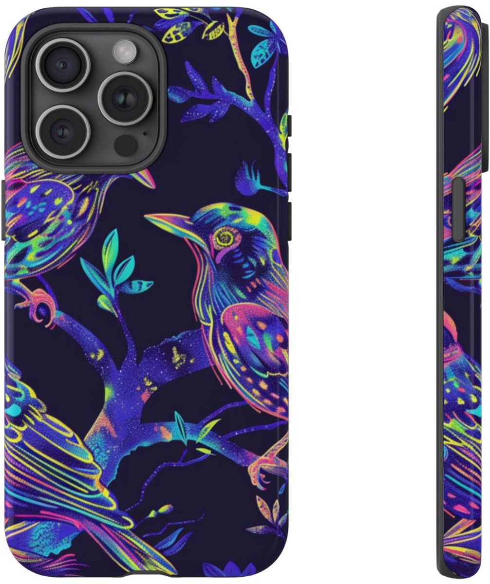 Neonkleurige Vogels op Takken – Telefoonhoesje Geschikt voor iPhone 15 Pro Max