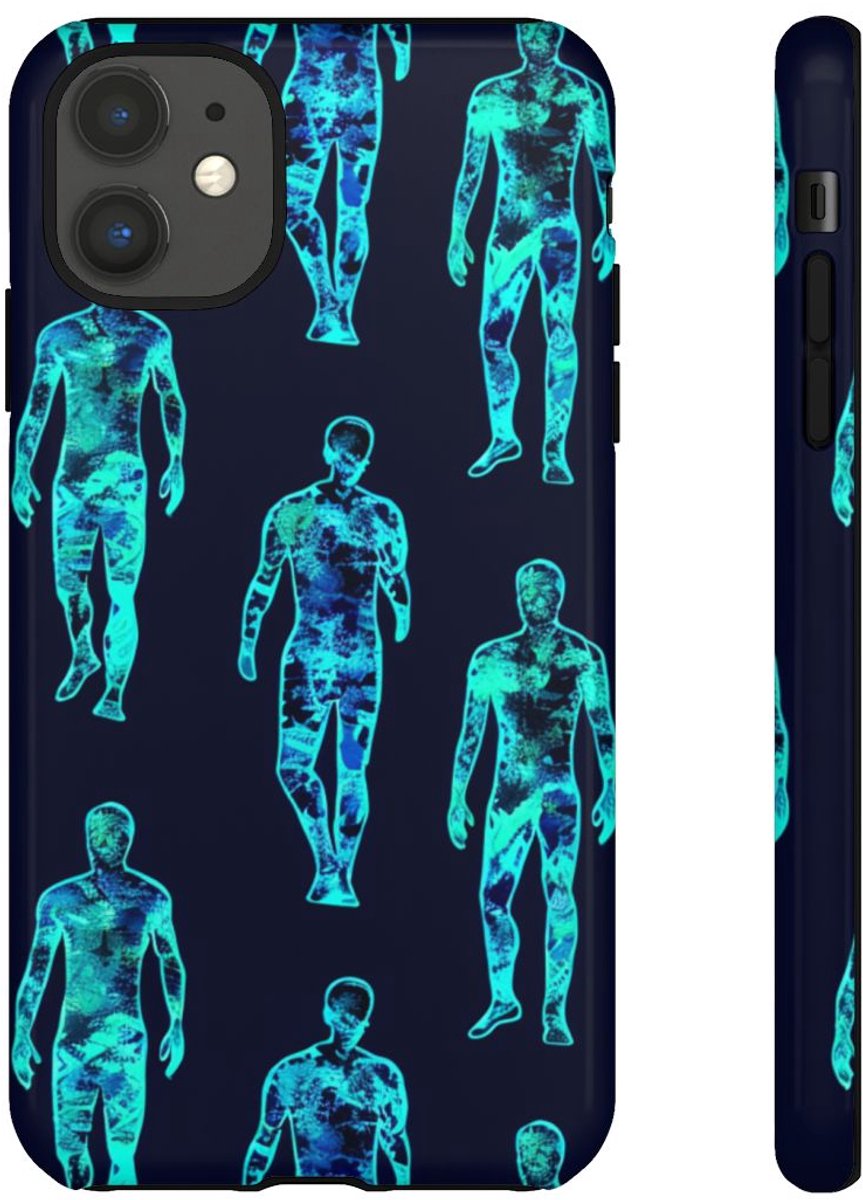 Blauw-Groene Neon Mensfiguren Patroon – Telefoonhoesje Geschikt voor iPhone 11