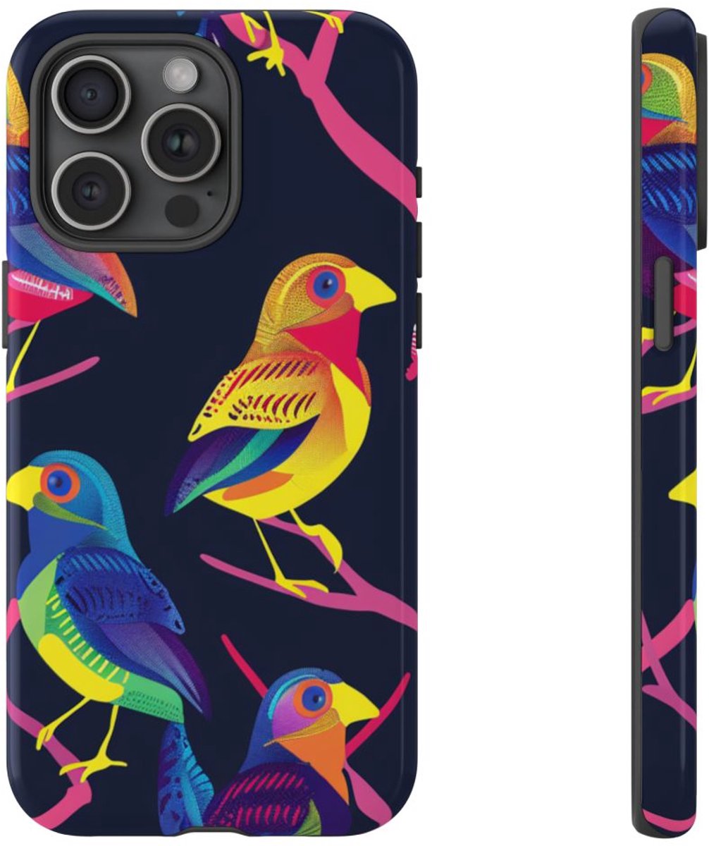 Neonkleurige Vogels op Takken – Telefoonhoesje Geschikt voor iPhone 15 Pro Max