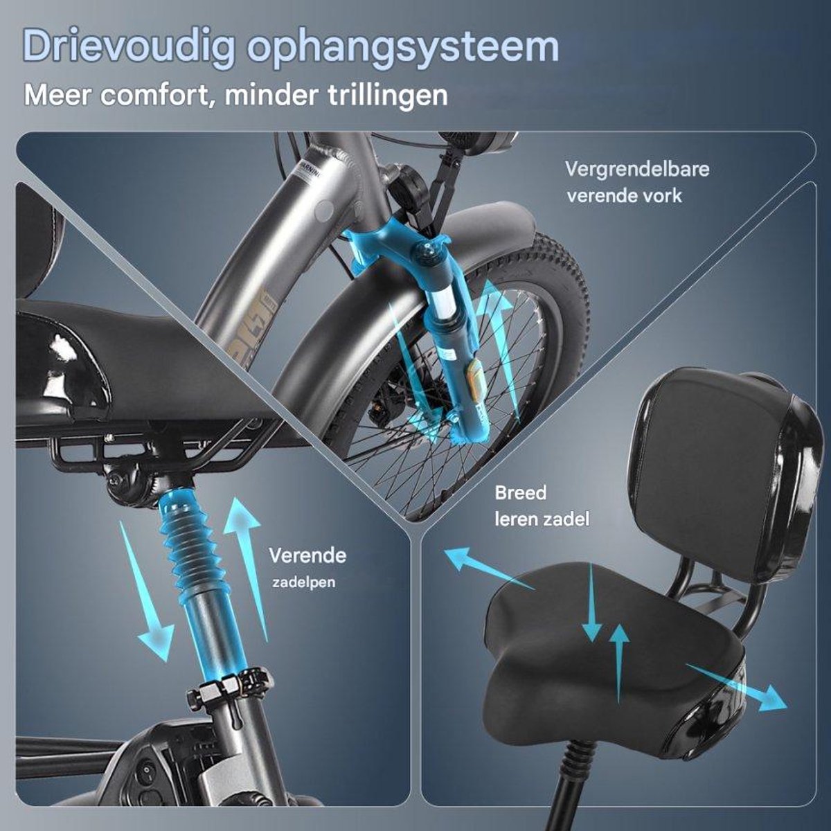 Dik Klapfiets E-Bakfiets 20 Inch 48V 21Ah Accu, Hydraulische Schijfremmen Elektrische Fiets, Elektrische Vrachtsfiets 180kg, Blauw Driewieler E-Bike – foto 3