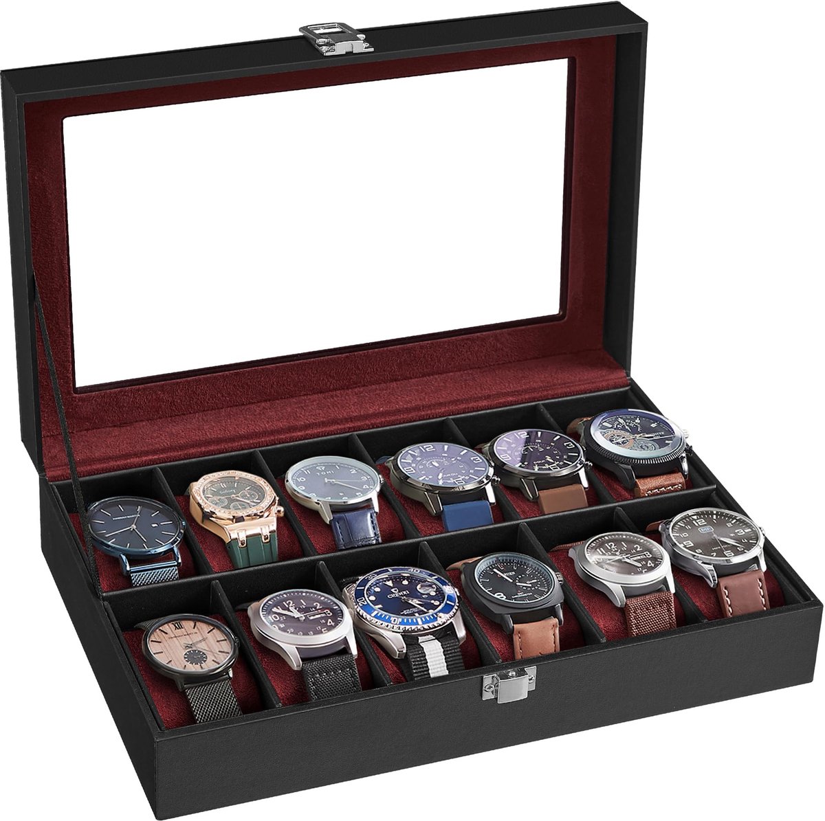 SONGMICS Horlogebox met 12 compartimenten, horlogekast met glazen deksel, horlogekast met uitneembare horlogekussentjes, premium horlogebox, zwarte PU-hoes, wijnrode fluwelen voering JWB120R01